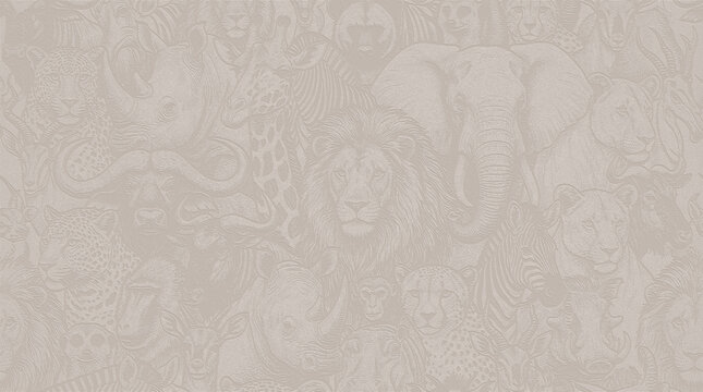 A muted detailed wildlife collage, enhanced with a subtle horizontal ribbed or fabric-like texture overlay, taupe colored background displaying the same. 