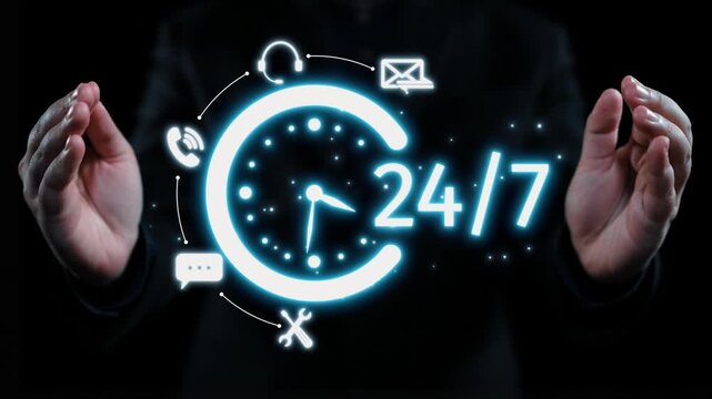 This image features hands presenting a digital clock with a 24 hour design, surrounded by various communication icons, illustrating modern service and support availability. Qubit