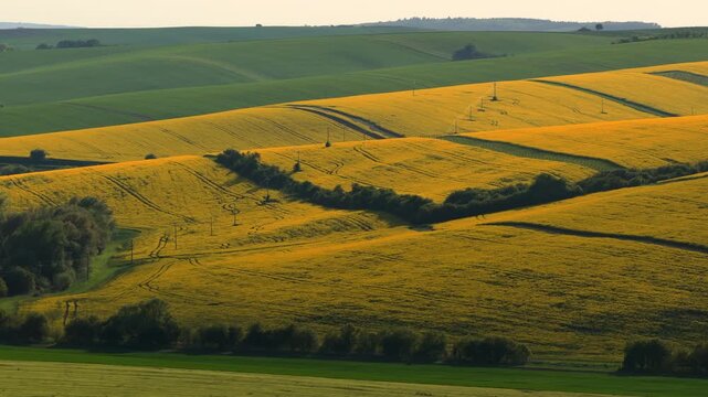 Aerial drone view of undulating yellow rapeseed fields covering rolling hills with green meadows and tree lines creating a vivid patchwork landscape, Moravia, Czech Republic.