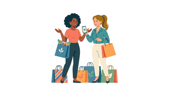 Two women friends enjoying shopping together with many bags.