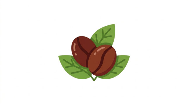 Two Roasted Coffee Beans with Green Leaves.