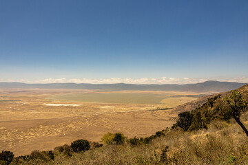 Naklejka premium Scenic overlook from the rim of the Ngorongoro Crater showing the massive caldera in Tanzania
