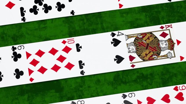 A 3D animation showing a stack of playing cards on a casino table automatically spreading out one by one in an orderly and dynamic camera angle created by 3d render.