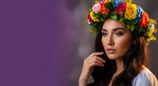 Gorgeous model adorned with beautiful floral crown perfect for creative spring styles and elegant natural beauty projects