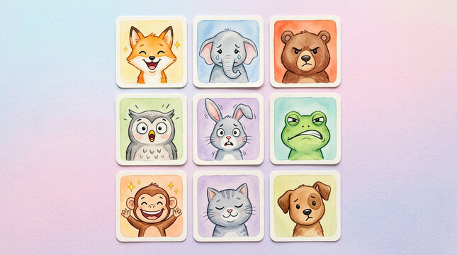 Cartoon animal sticker set showing various facial expressions.