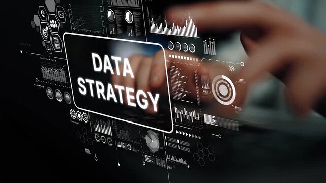 Data Strategy Concept with Digital Interface and Hands Typing on Keyboard. Asymptotic smart data analytic.