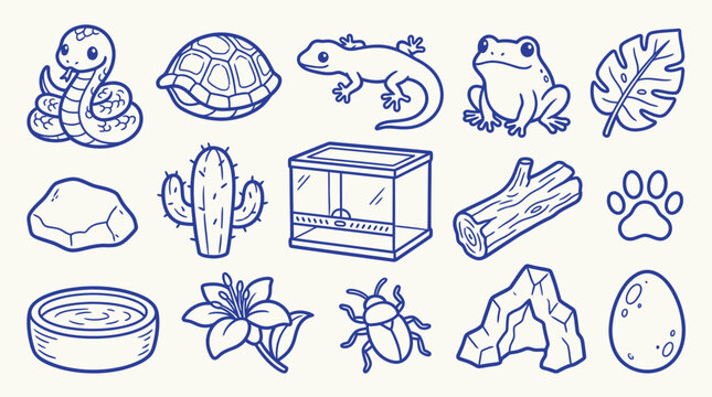 Collection of cute cartoon reptile and amphibian icons, including a snake, turtle, lizard, frog, and their habitat elements.