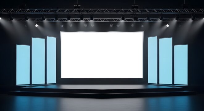 Empty modern stage with blank screen and illuminated blue light panels for product presentation or event.