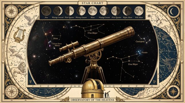 Telescope Star Chart Moon Phase Frame on Black Background