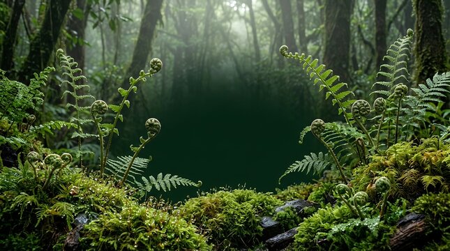 Moss Fern Wetland Morning Dew Frame on Deep Forest Green