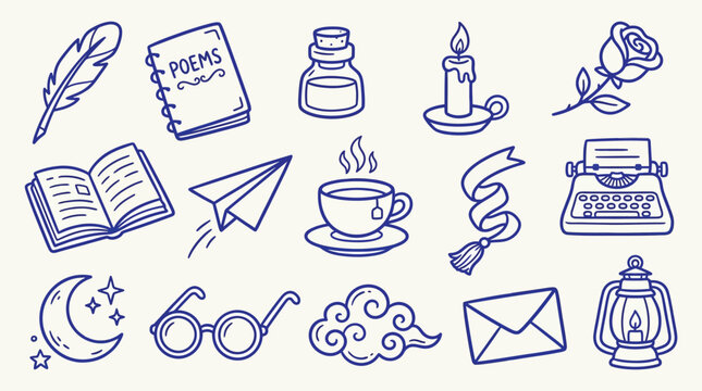 Collection of hand-drawn icons representing literature, creativity, and cozy moments.
