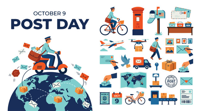 World Post Day October 9 vector illustration set, postal service delivery icons with mailman on scooter, global mail logistics elements