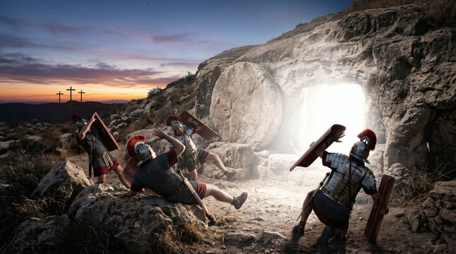 Roman soldiers witnessing the miracle of the Resurrection of Jesus Christ at the tomb entrance. Biblical cave scene with glowing light, wooden crosses and shocked guardian men
