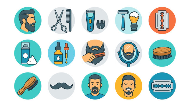 Barber tools and grooming icons in a circular layout