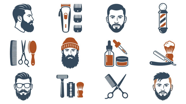 Barber tools and styles illustrated in grid layout