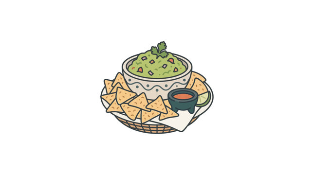 Bowl of guacamole with tortilla chips and salsa