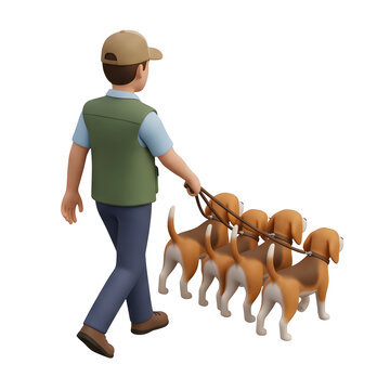 3D render of a man walking four beagles on leashes