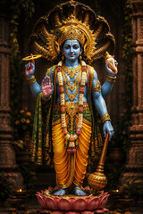 Fototapeta premium A majestic and highly detailed statue of Lord Vishnu standing gracefully on a blooming lotus pedestal inside an ancient temple. The divine figure features blue skin, ornate golden crown.