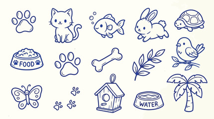 Fototapeta premium Cute hand-drawn doodle icons of various pets and related items, including a cat, rabbit, bird, fish, turtle, butterfly, paw prints, food, water, bone, birdhouse, and palm tree.