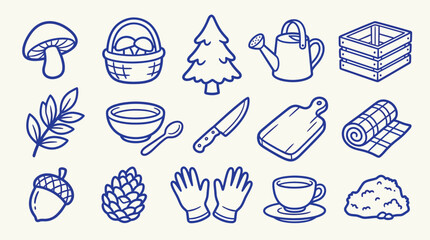 Collection of hand-drawn icons representing gardening, nature, and food preparation elements. © zainab