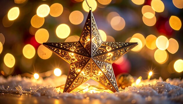 Glowing ornate star ornament lays in fake snow with bokeh lights in the background, festive and warm