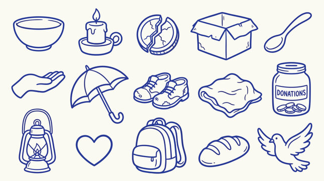 Collection of hand-drawn icons representing charity, aid, and basic necessities for donation and support.