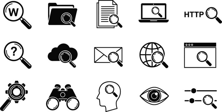 Web Search and Data Analysis Black Pictogram Icon Set Featuring Magnifying Glass Folder File Laptop Browser and SEO Optimization Inspection Symbols