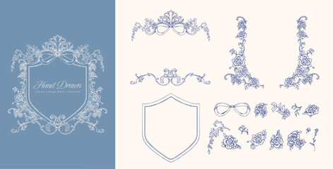 A vintage style shield frame and ornament illustration set decorated with roses and vines © ruruki