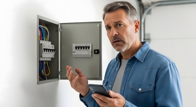 Confused man looking at a fuse box with a smartphone in his hand, experiencing an electrical problem at home.