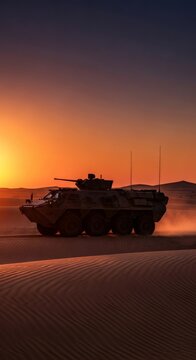 Armored personnel carrier driving through desert at sunset. Military armored vehicle patrolling sand dunes. Tactical ground transport in combat zone. Defense industry conflict theme.