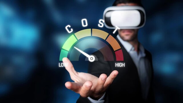 This image illustrates a businessman using virtual reality technology to evaluate costs in a strategic business context, emphasizing innovation in financial planning. Raster