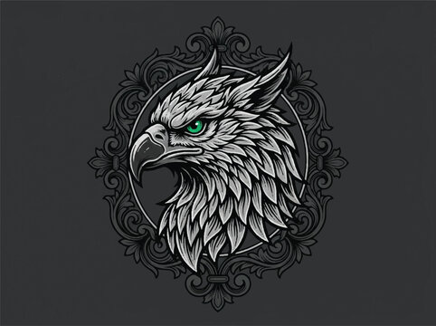 Griffin head emblem in heraldic style