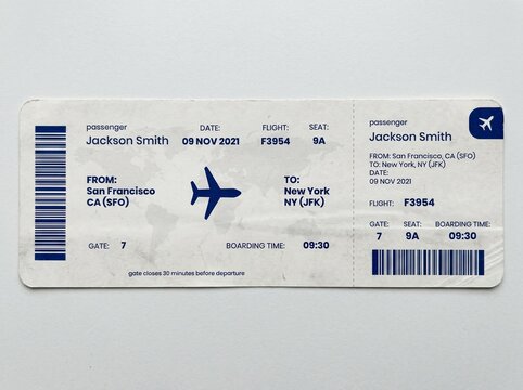 An airline boarding pass ticket template for a flight from San Francisco to New York, showing passenger details, barcodes, and seat information, isolated on a clean white background