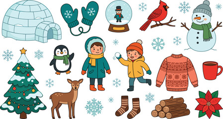 Fototapeta premium Cute Winter Holiday Clipart Vector Set with Cartoon Kids Snowman Christmas Tree Igloo Penguin Deer and Cozy Seasonal Elements for Festive Greeting Cards