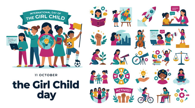 International Day of the Girl Child vector icon set, diverse young girls empowerment collection, female education and activism flat illustrations