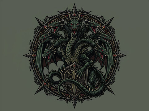 Multi-headed hydra emblem in dark green and black