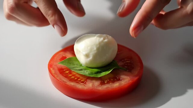 Fresh caprese salad preparation with tomato mozzarella basil delight