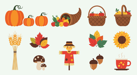 Autumn Harvest Collection Icons Set with Pumpkins Cornucopia and Fall Elements © Mahkota