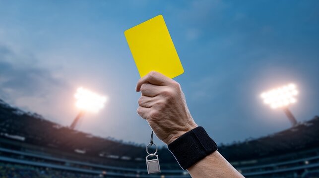 a referee's hand is prominently featured in the foreground, holding a vibrant yellow card and a metallic silver whistle. 