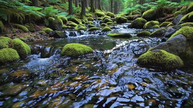 Flowing gently through dense deep woodland reveals beautiful pristine river creek water rushing over bright green mossy stones rocks surrounded by tall ancient pine trees wild environment