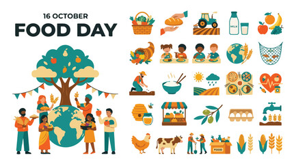 Fototapeta premium World Food Day 16 October vector illustration set, global hunger awareness icons, sustainable agriculture and nutrition concept elements