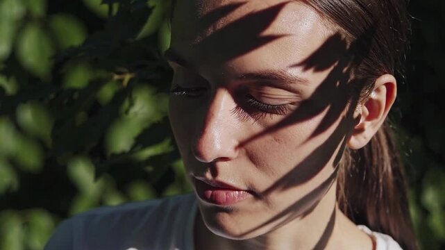 Closing eyes in serene relaxation reveals close up face portrait of young gentle woman with beautiful dapples of tropical leaf branch shadows cast across skin in bright summer sunlight breeze