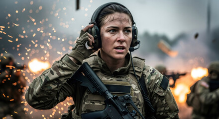 Obraz premium Caucasian woman soldier wearing tactical headset during combat mission. Female army operator communicating on field. Intense military conflict scene with explosion and gunfire background.