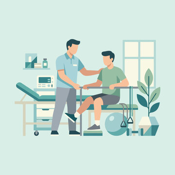 Therapist assists patient with leg exercise in rehabilitation setting