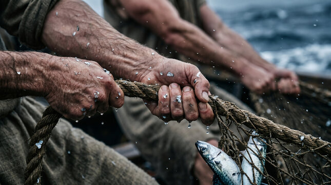 Two men pulling net full of fish from sea. Scene depicting miraculous catch by apostles. Biblical story illustration from New Testament. Ancient fisherman in boat. Christianity concept