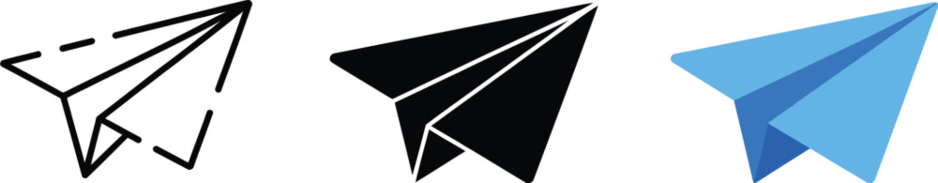 Paper plane icon featuring send message button, blue paper plane logo, email and telegram vector illustration, mail sign, origami flight symbol, and online chat concept.
