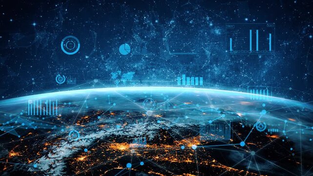 A breathtaking view of Earth from space at night, enhanced by modern data visualizations and graphs that display global analytics and insights. Perfect for tech themes. Xenic
