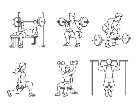 Gym Workout and Weightlifting Exercise Line Icon Vector Set