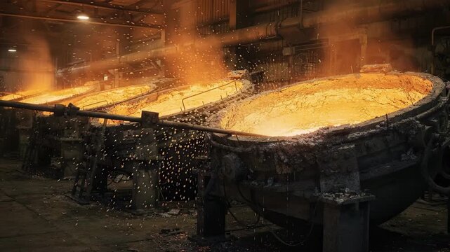 Medium shot of large lead bullion refining kettles with glowing molten metal as impurities are skimmed off the surface for purification.