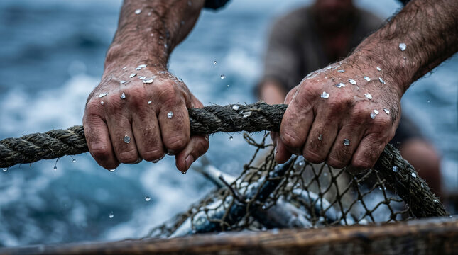 Two men pulling net full of fish from sea. Scene depicting miraculous catch by apostles. Biblical story illustration from New Testament. Ancient fisherman in boat. Christianity concept